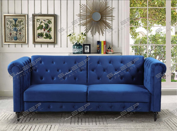 Chesterfield 3 Seater Upholstered Sofa Bed Blue