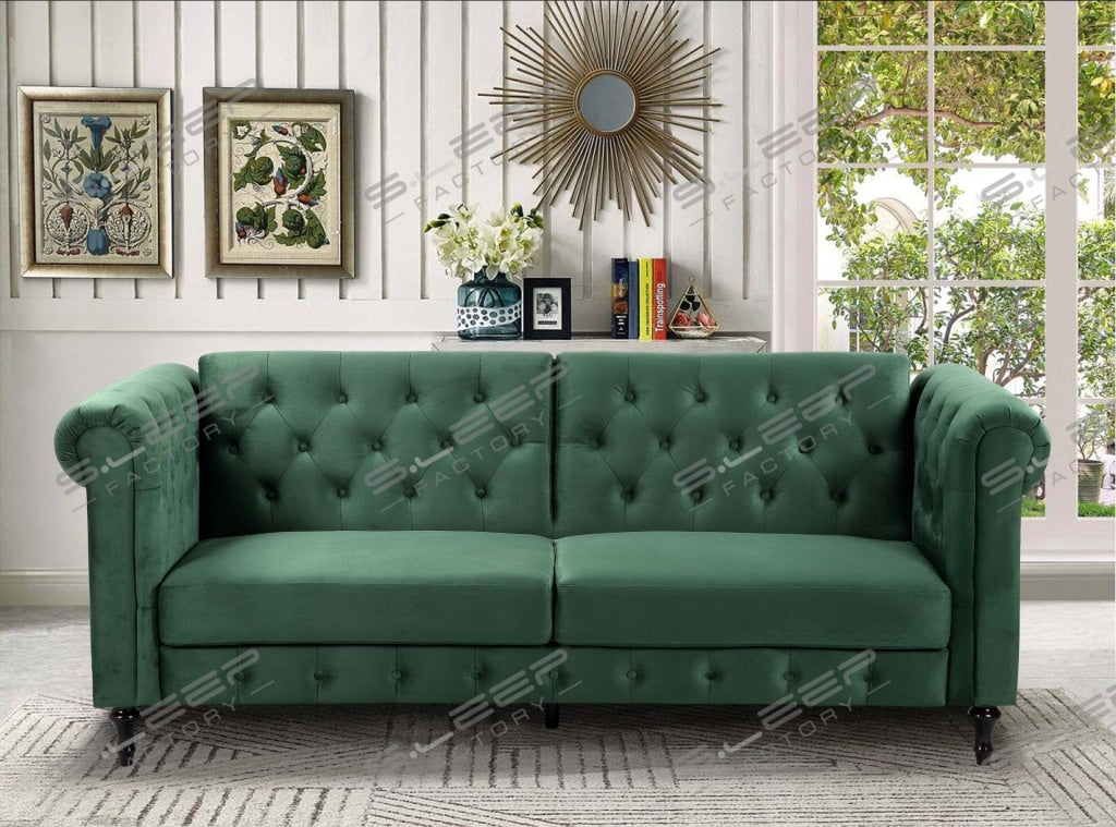 Chesterfield 3 Seater Upholstered Sofa Bed Green